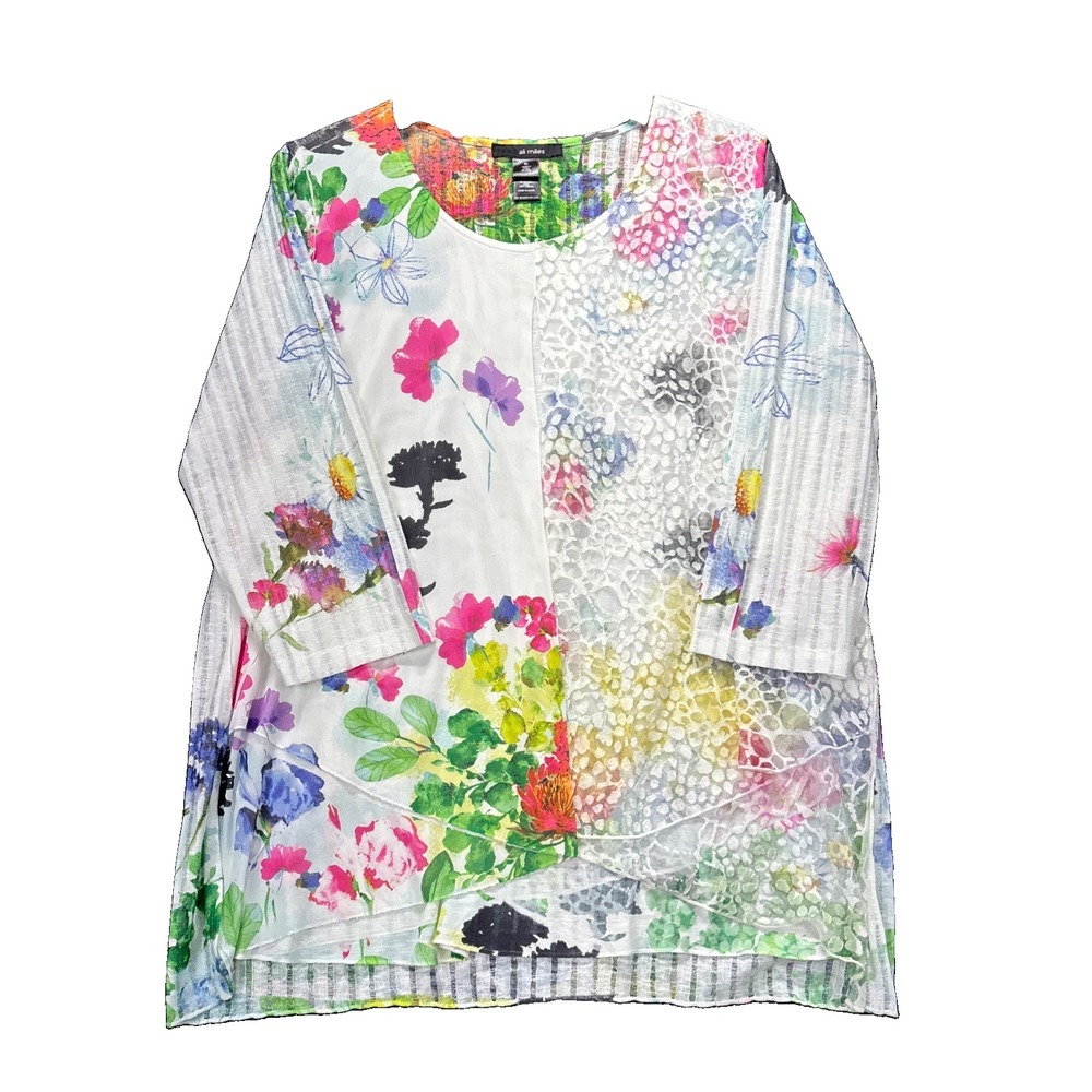 Ali Miles Top Women XL Colorful Floral Mosaic Art To Wear Eclectic Textured lace